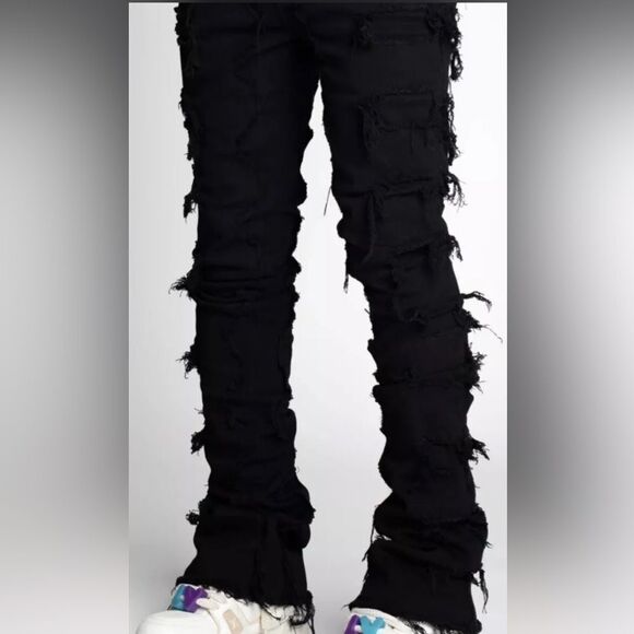 Guapi Stacker Distressed Fringed Denim Jeans Black Men’s Sz 34X48 Grunge Punk - Picture 7 of 8